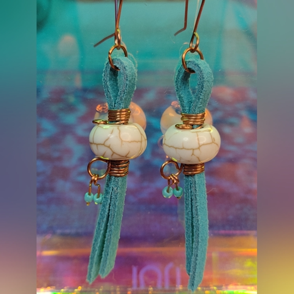 Copper wire bead wrapped faux cord  Earrings Handmade